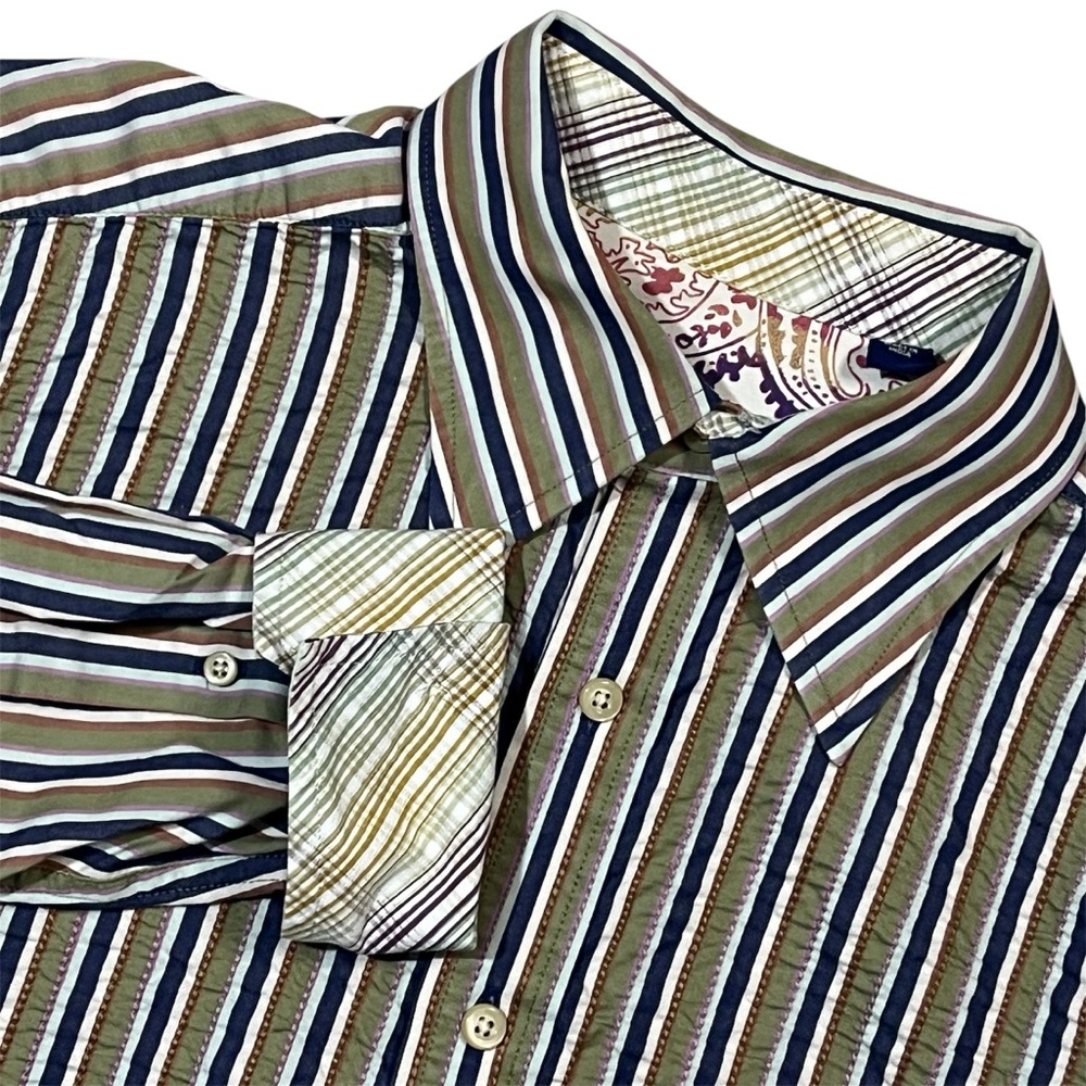 Robert Graham L/S Striped Button Up Shirt Men's Large Plaid Flip Cuff Green